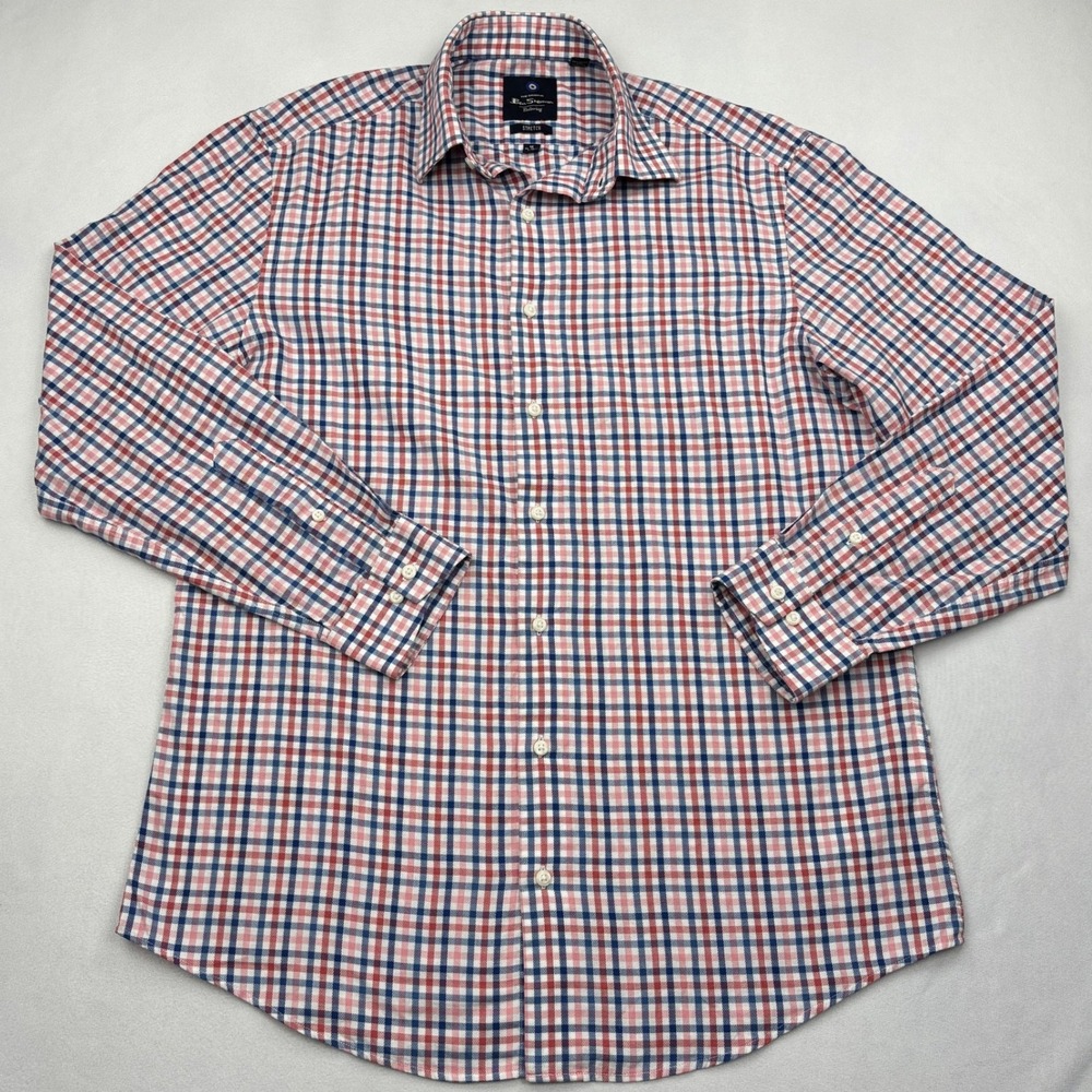 Ben Sherman Shirt Mens Medium Red Blue Tattersall Check Stretch Long Sleeve M